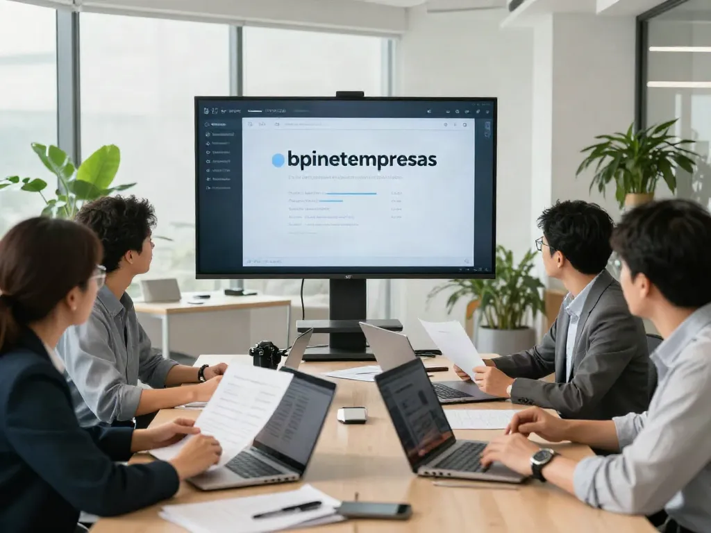 Experts discussing bpinetempresas digital banking strategies in a bright office.