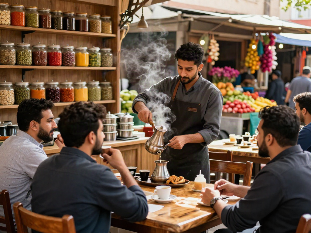مشهد مقهى في سوق حيوي مع قھوجي وصبابین يعكسان التقاليد الثقافية