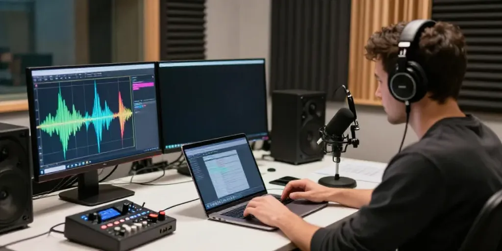 AI podcast transcription in a modern studio with audio equipment and waveform visuals.