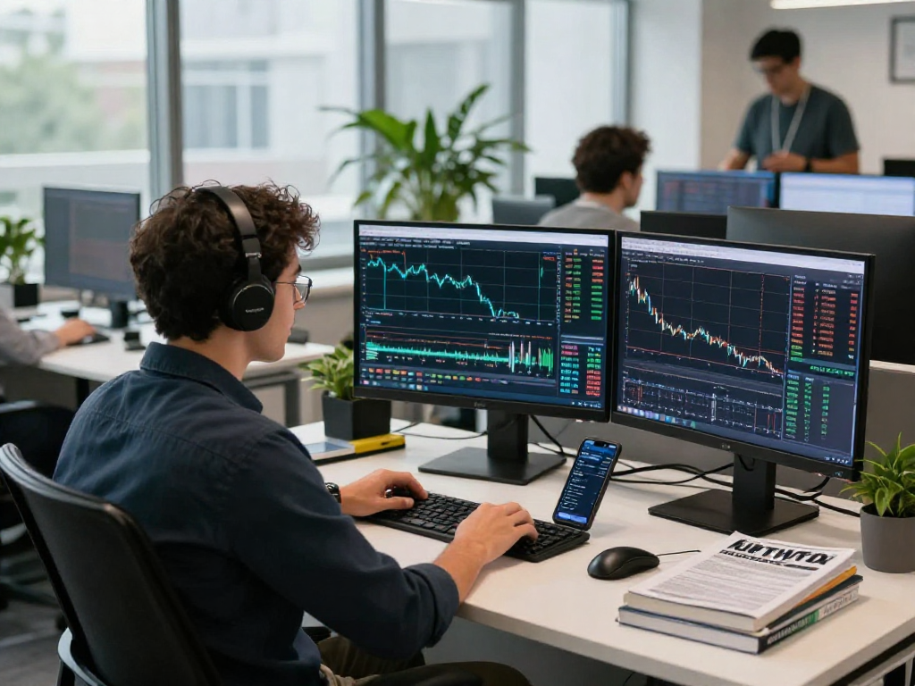 使用 MetaTrader 5 进行多资产交易的专业金融交易环境，展示交易者专注于屏幕上的复杂图表和实时市场数据。