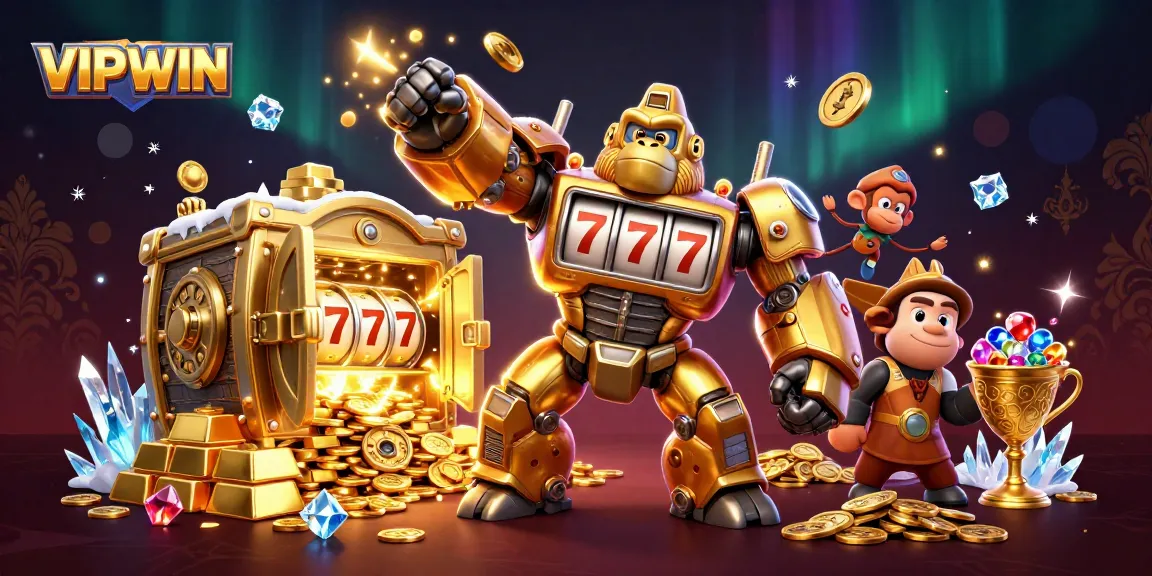 Experience the excitement of VIPWIN with the dynamic golden gorilla mech smashing through coins and jewels.