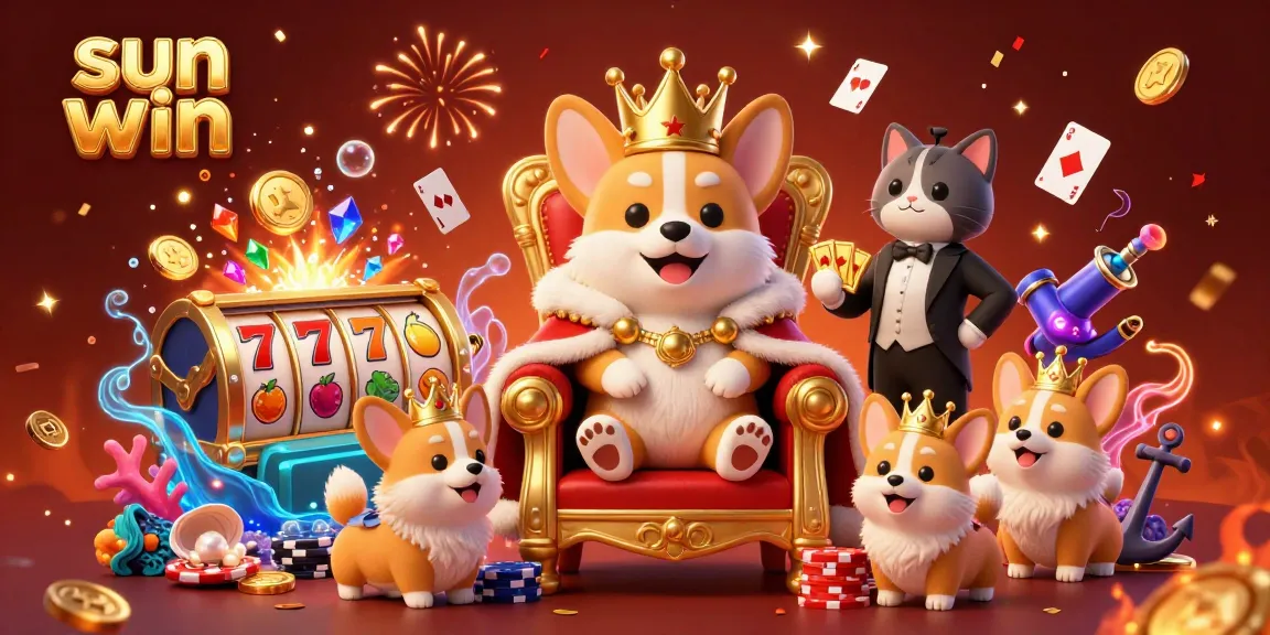 Experience the excitement of sun win with a royal corgi in a casino scene filled with colorful gaming elements.