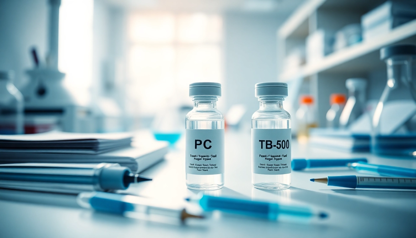 Laboratory scene featuring BPC-157 and TB-500 vials, emphasizing research and innovation.