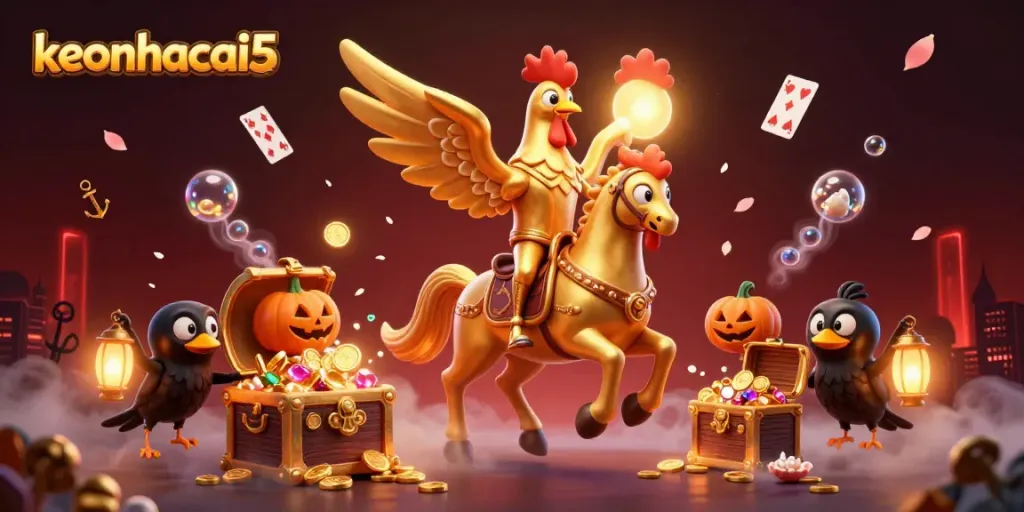 Experience keonhacai5 through an enchanting 3D scene of a golden rooster and companions amidst a lively casino backdrop.