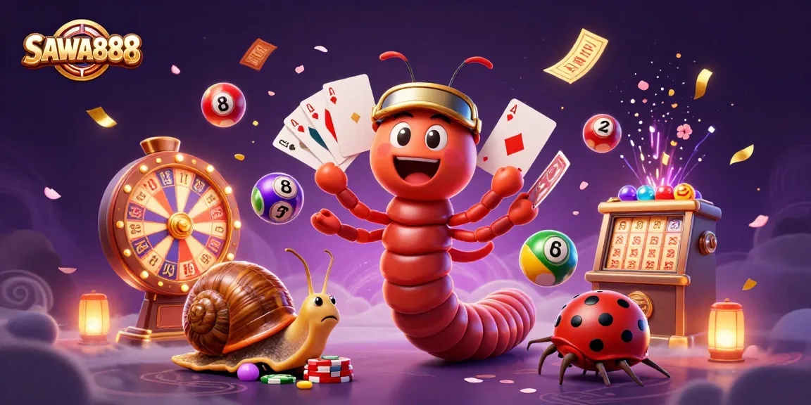 SAWA888 showcases a colorful casino scene with a millipede dealer, snail high-roller, and lottery elements.