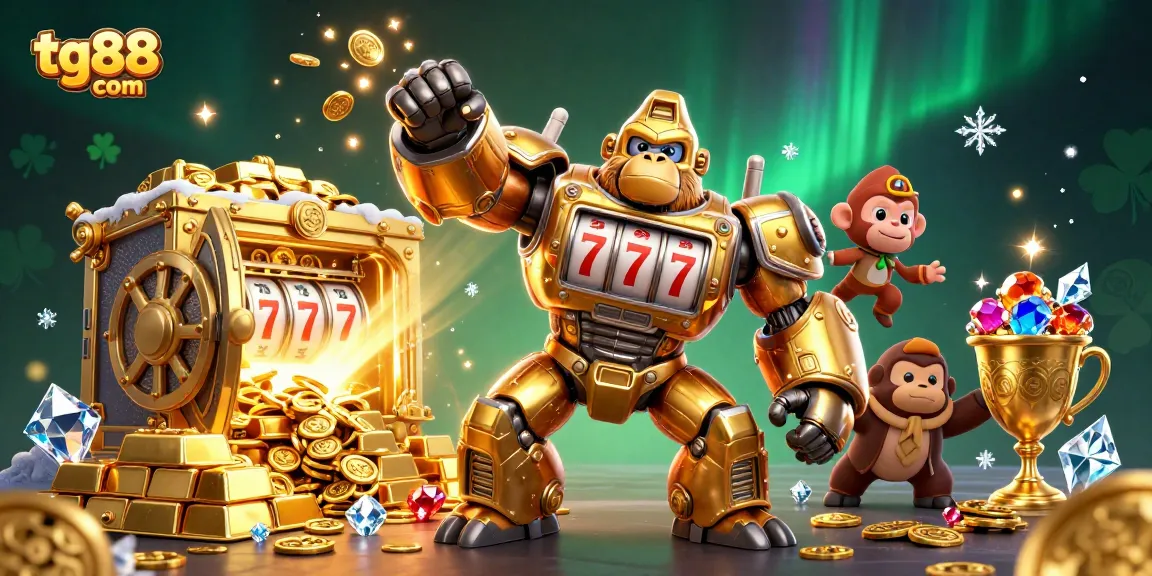 Engage with thrilling slots and jackpots at tg88 com, featuring a golden mech and treasure!