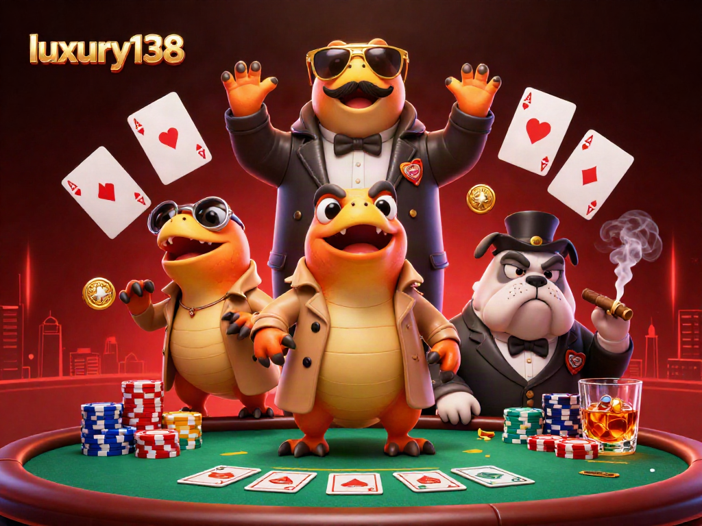 Aktivitas menang di meja poker luxury138 dengan karakter kartun dalam suasana kasino yang menegangkan.