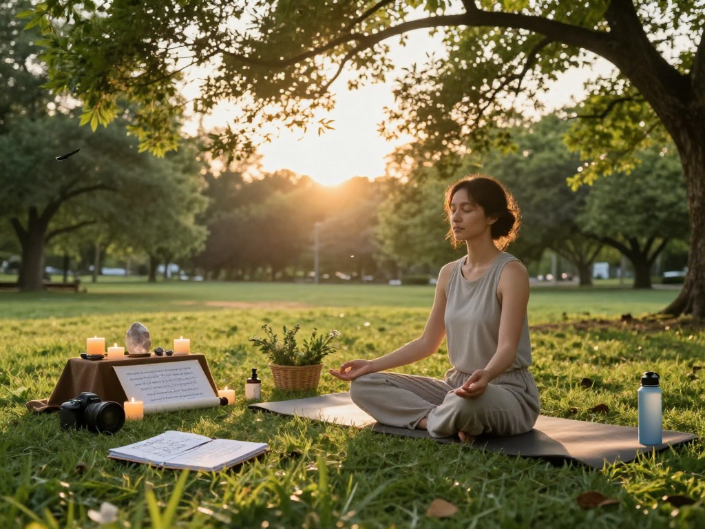 Practitioner meditating with mantra 88 in serene park setting, enhancing mindfulness.