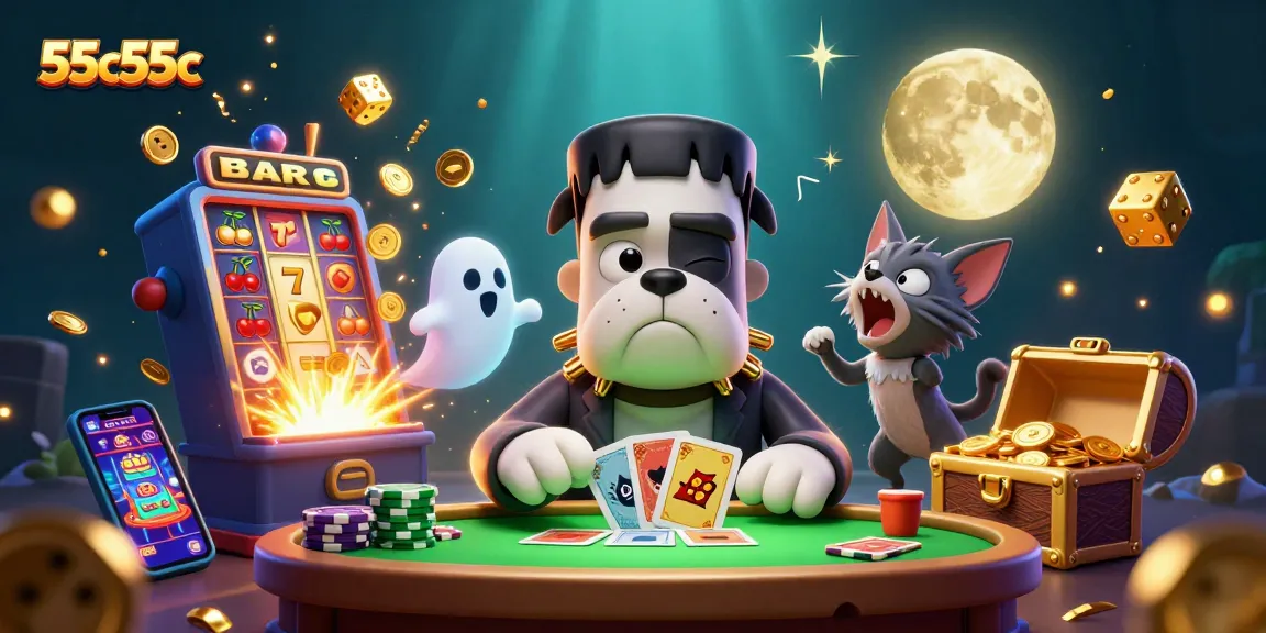 O 55c55c mostra um bulldog Frankenstein e um gatinho lobo em um cassino vibrante, com ação emocionante.