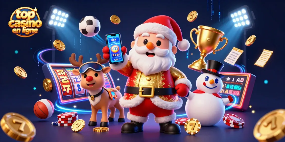 Faites vos jeux au top casino en ligne avec Santa, son renne et un bonhomme de neige, entourés de gagnantes machines à sous.