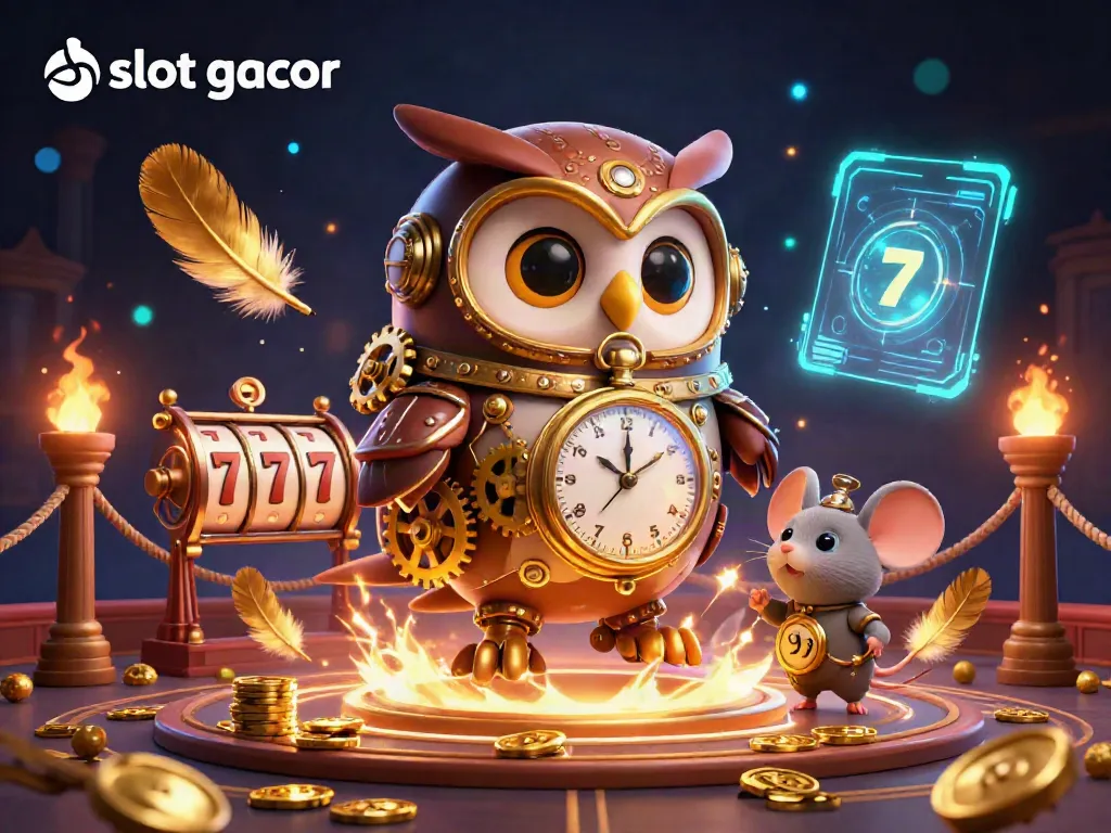 Gambarkan keberuntungan dalam slot gacor dengan karakter burung hantu dan tikus, slot mesin, mata uang, dan efek cahaya.