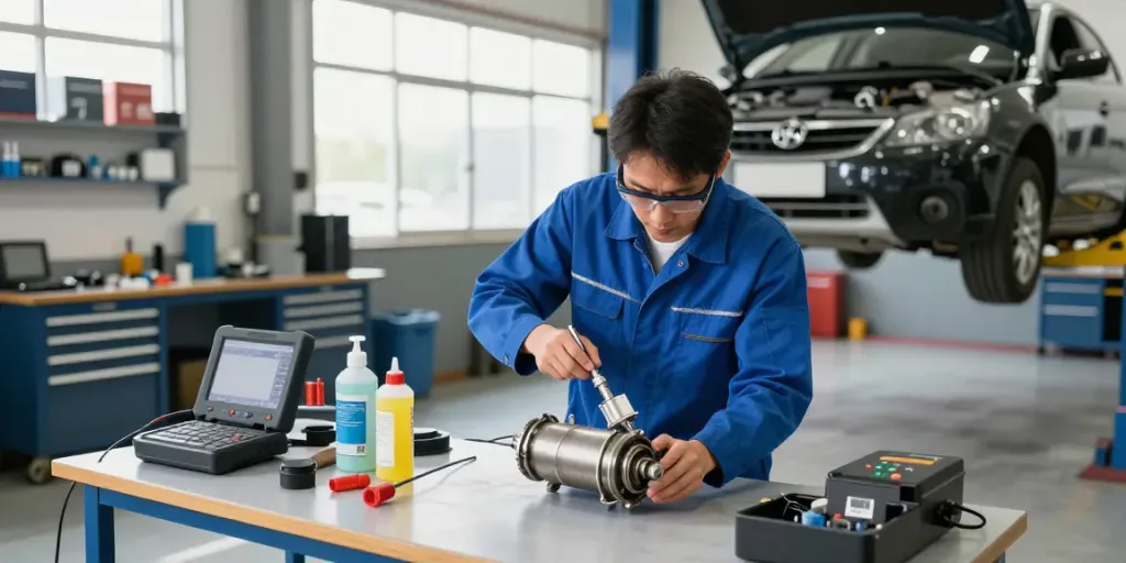 DPF Reinigung Hannover in einer professionellen Werkstatt mit Mechaniker, der einen Dieselpartikelfilter inspiziert.
