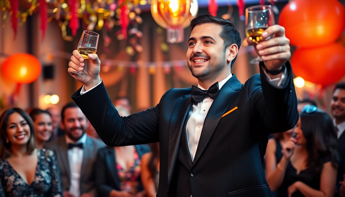 A gentleman confidently giving a toast at a celebration, showcasing elegance and charm.