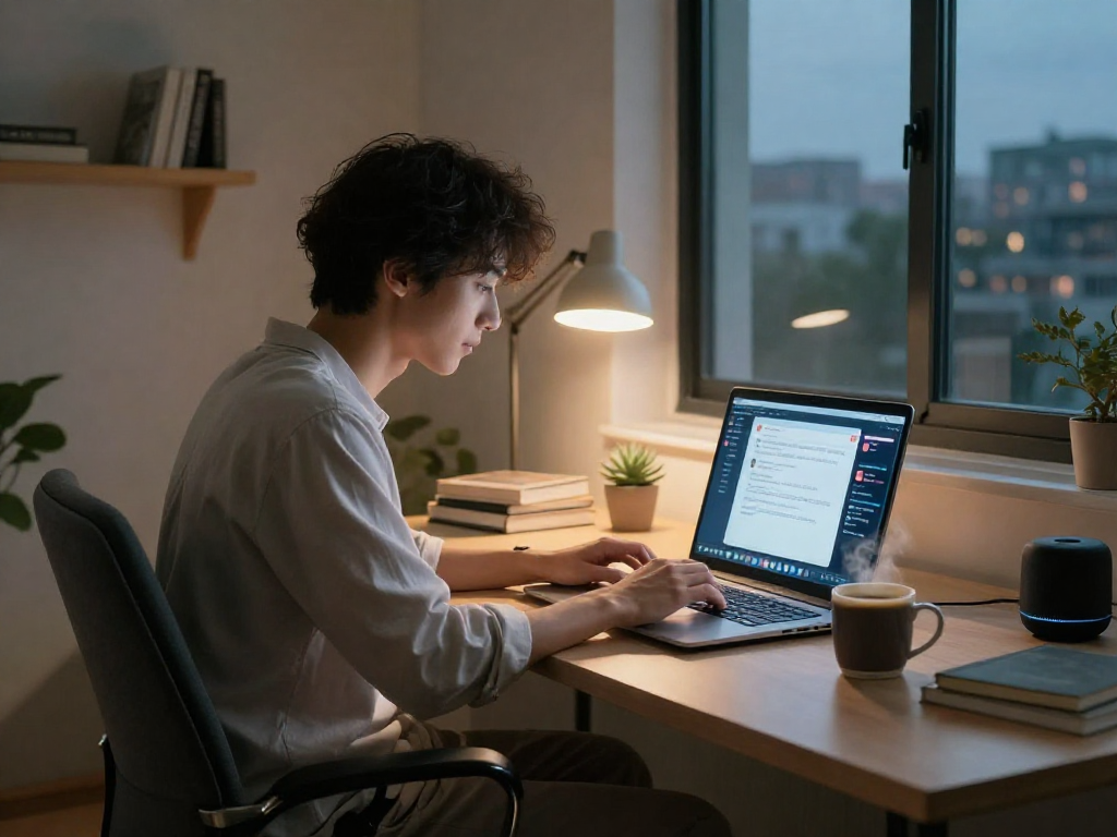 A cozy home office scene featuring a person engaged in an AI nsfw chat with modern tech elements and a relaxed atmosphere.