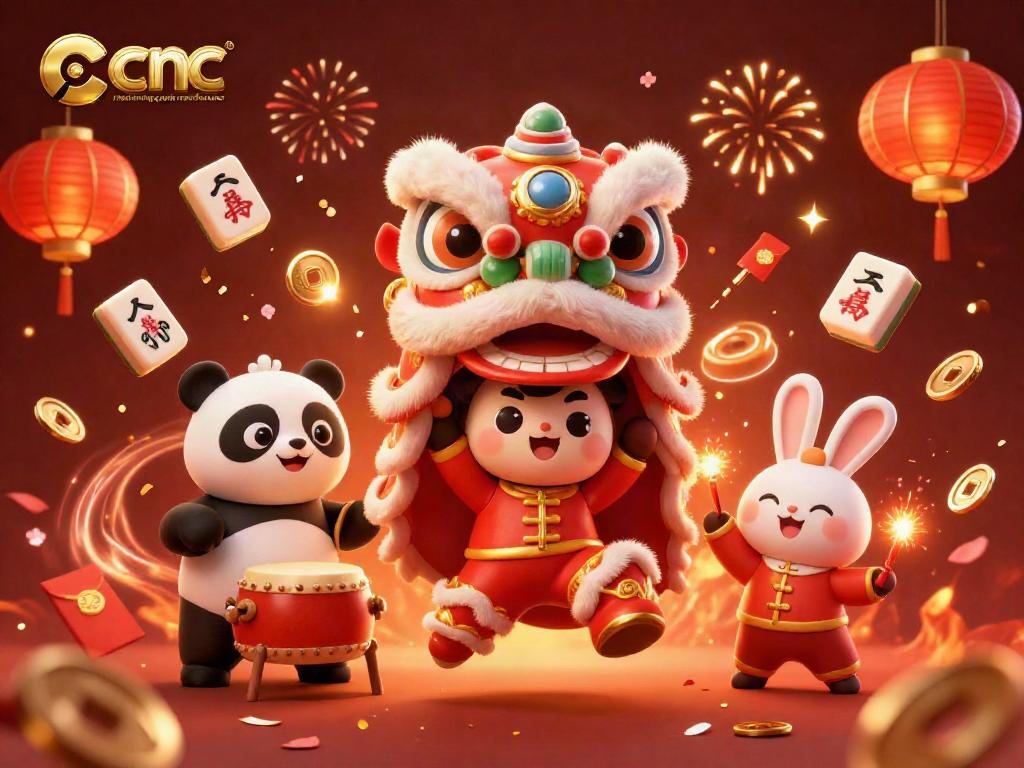 CNC machining parts manufacturer showcases a festive 3D casino scene with a dancing lion, drumming panda, and firecracker rabbit.