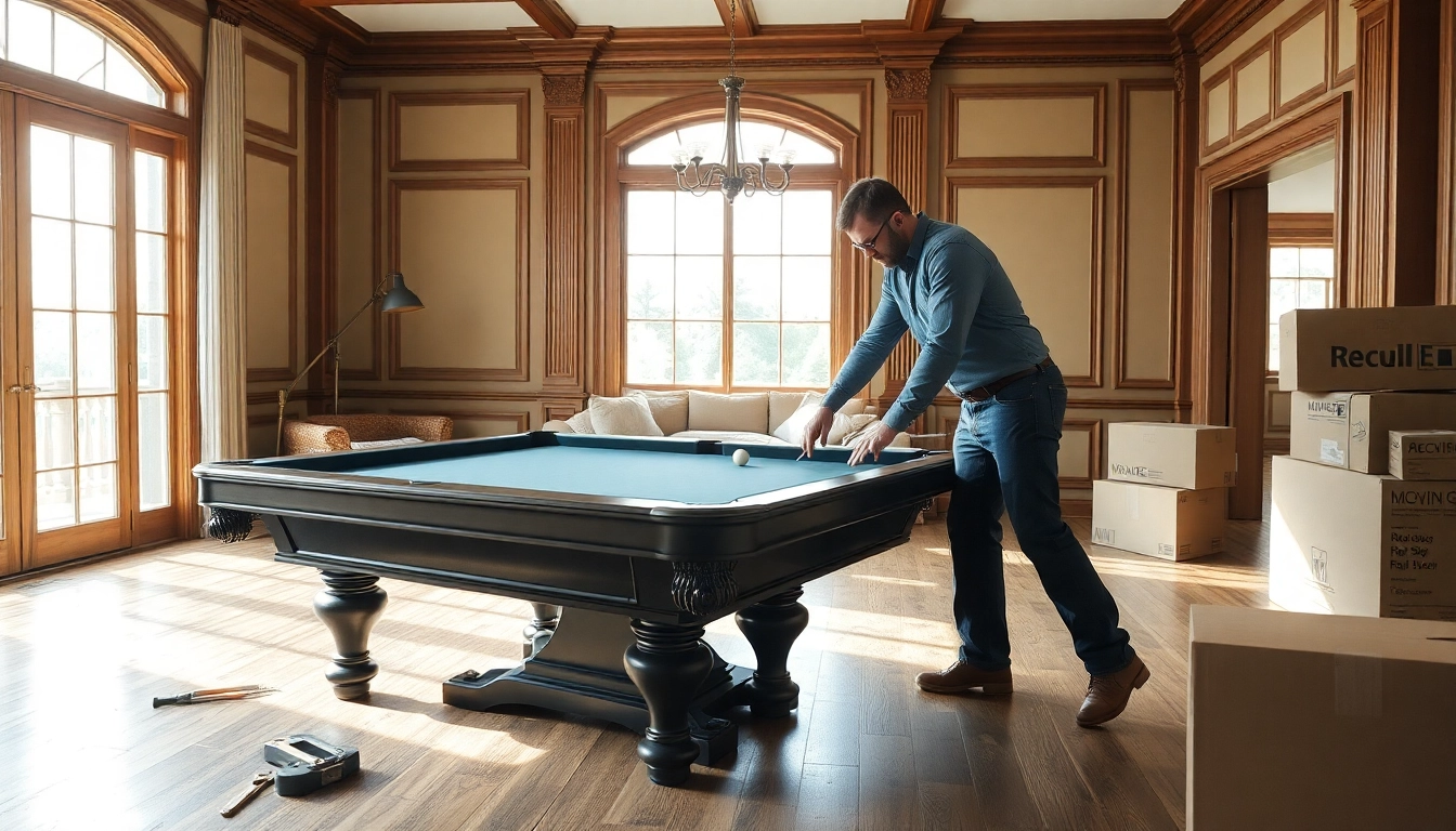 Skilled pool table mover disassembling a slate pool table carefully in a well-lit living room space.