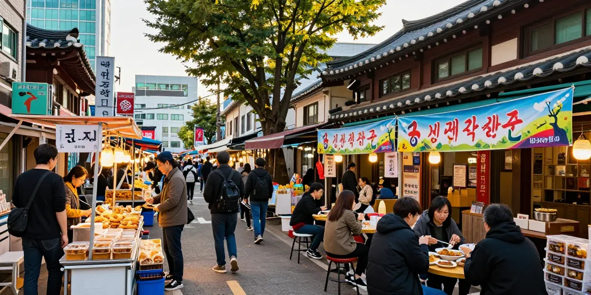 울산OP 시장에서 현지 음식을 즐기는 사람들
