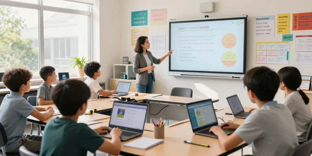 Toto enriching language learning in a modern classroom with engaged students and interactive materials.