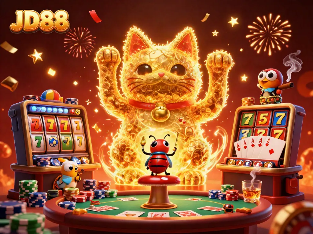 Engage with JD88's vibrant casino universe, featuring dynamic gaming elements and a mesmerizing lucky cat
