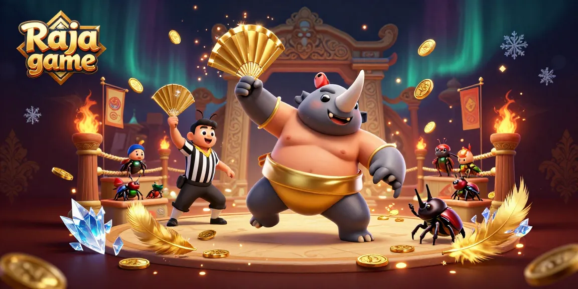 Experience excitement in Raja game with golden coins flying from a powerful beetle champion in a vibrant arena.
