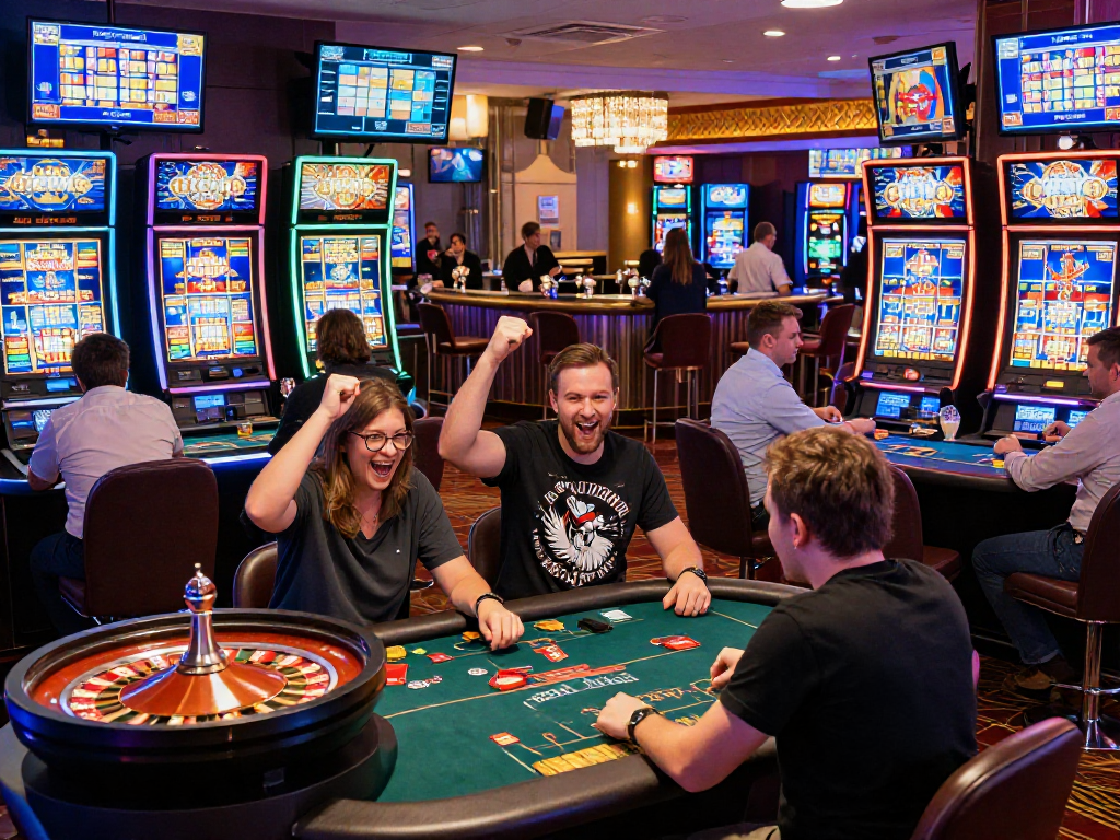 Exciting atmosphere at eu casinos that accept UK players with vibrant gaming tables and happy patrons.