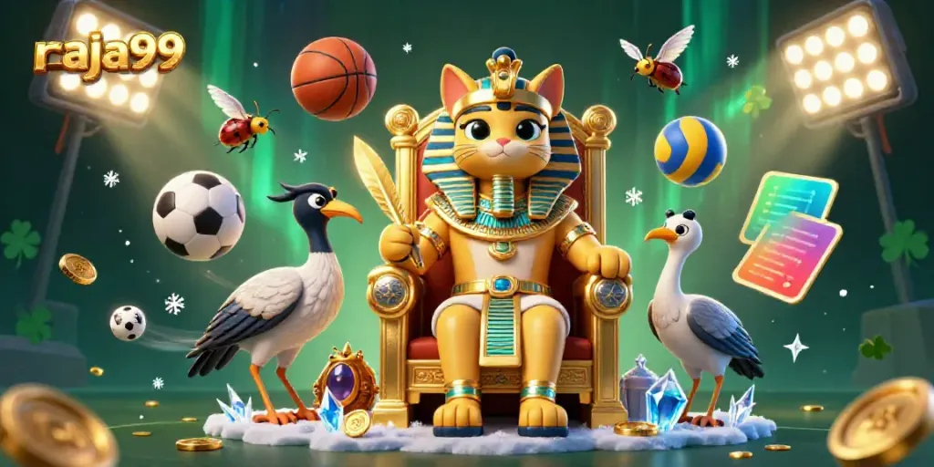 Experience raja99 with an Egyptian pharaoh cat, vibrant game elements, and dynamic sports action.