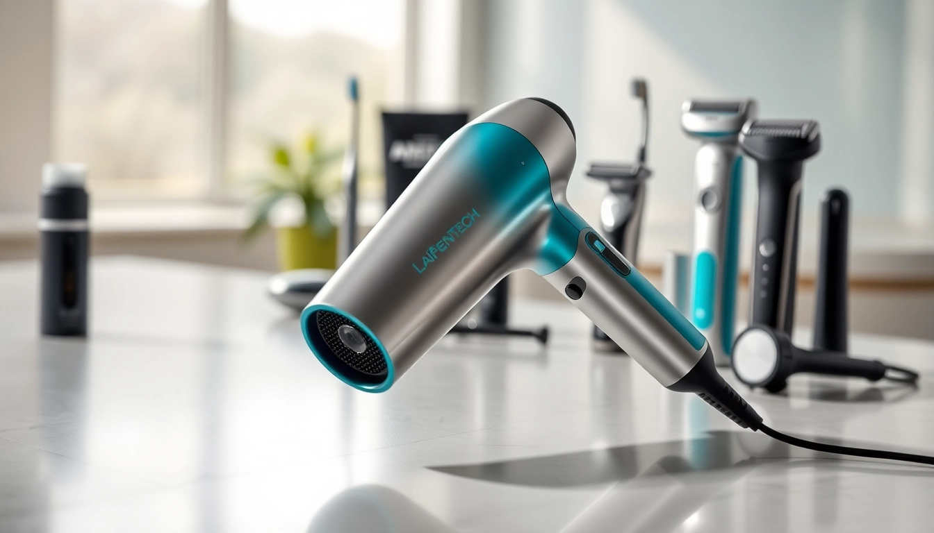 Showcase Laifentech products including hair dryers and shavers on a modern countertop.