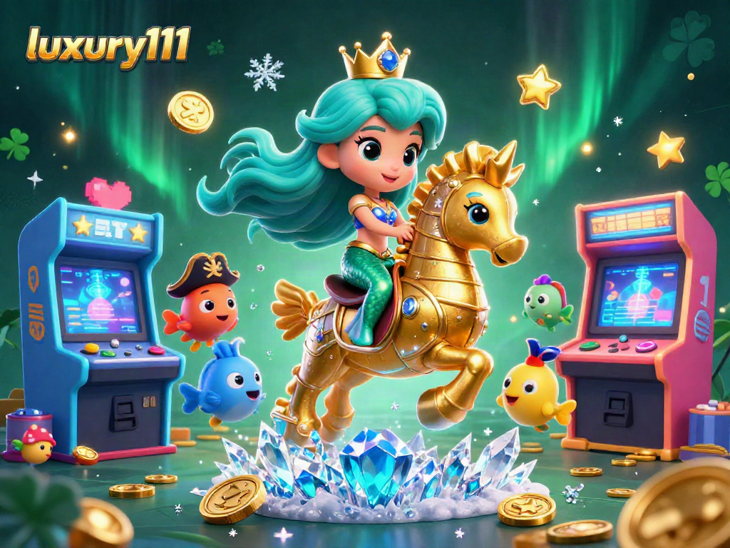 Experience luxury111 gameplay with a sparkling mermaid and seahorse surrounded by vibrant casino-themed elements.