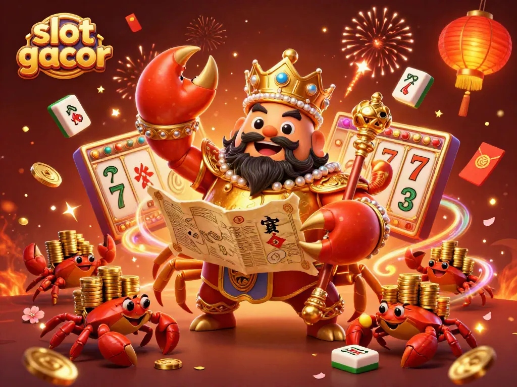 Engage with slot gacor's thrilling visuals featuring a golden crab emperor amidst vibrant casino elements.