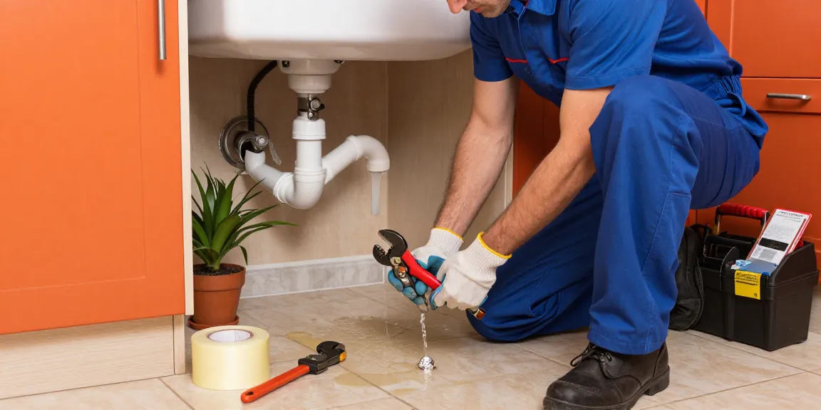 Emergency plumber in Leighton Buzzard fixing a leaky pipe under the kitchen sink.