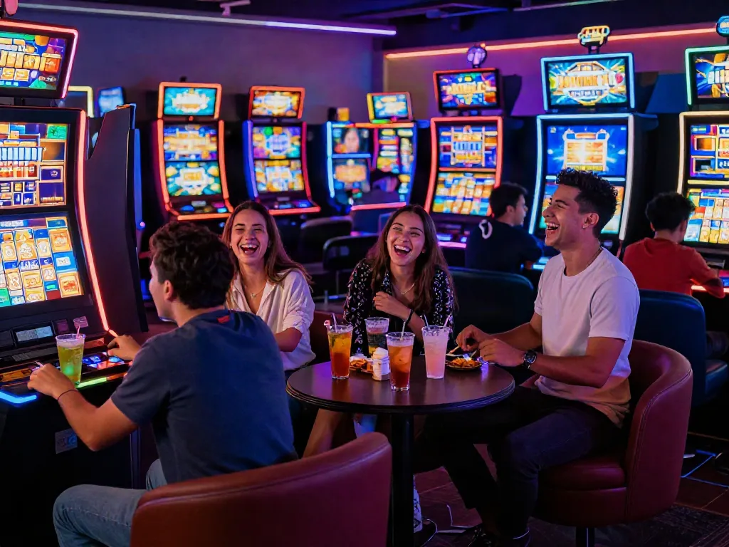 Friends enjoying ทดลองสล็อต games at a vibrant gaming lounge, illuminated by neon lights.