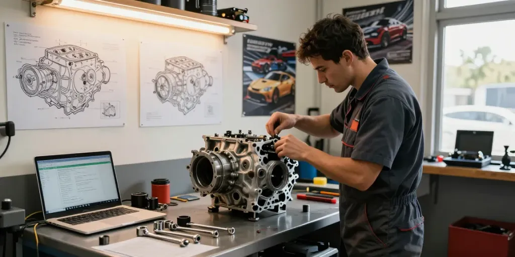 Mechanic inspecting a cd009 transmission in an automotive workshop.