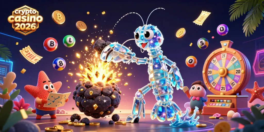 Scopri i migliori crypto casino online 2026 con monete di Bitcoin e Ethereum in un'illustrazione emozionante.