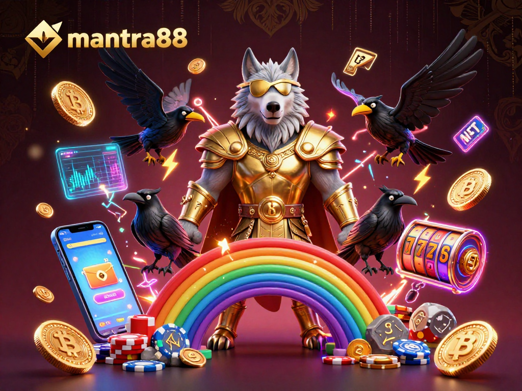 Experience mantra88 with a vibrant 3D scene depicting mythical characters amidst casino excitement.