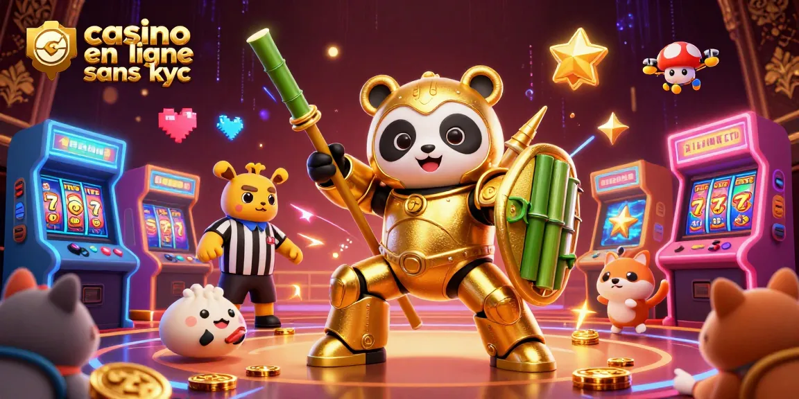 Casino en ligne sans KYC : illustration dynamique d'une scène de jeu avec des machines à sous colorées et un panda en armure.