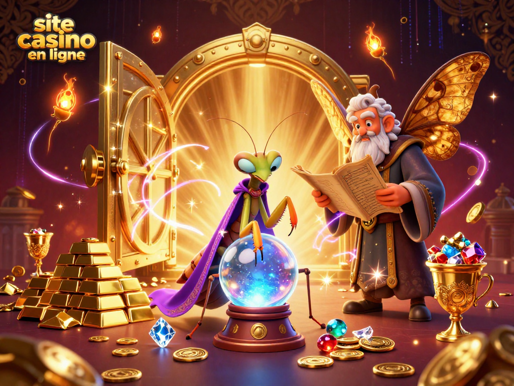 Découvrez un site casino en ligne avec une illustration captivante de personnages mystiques et d'éléments riches.
