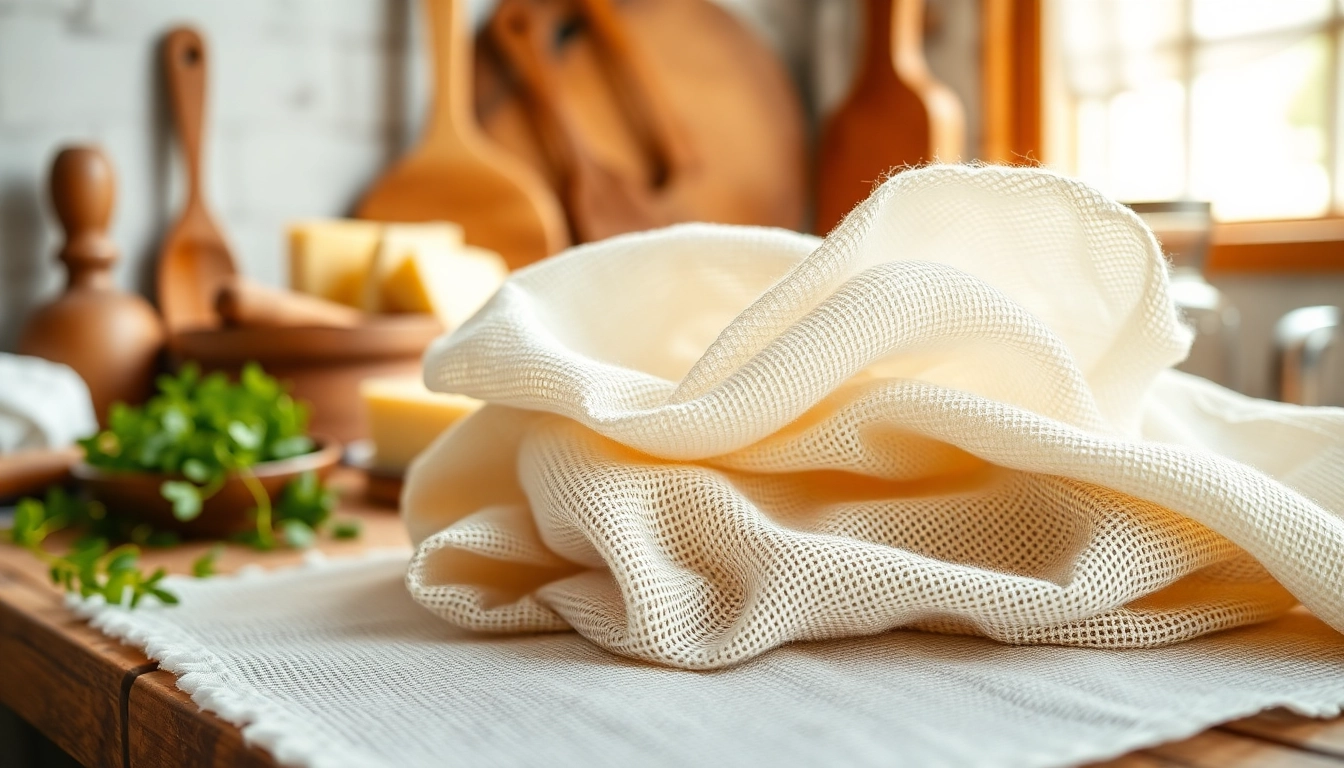 Kaasdoek met een fijne textuur op een rustieke ondergrond en natuurlijke ingrediënten.