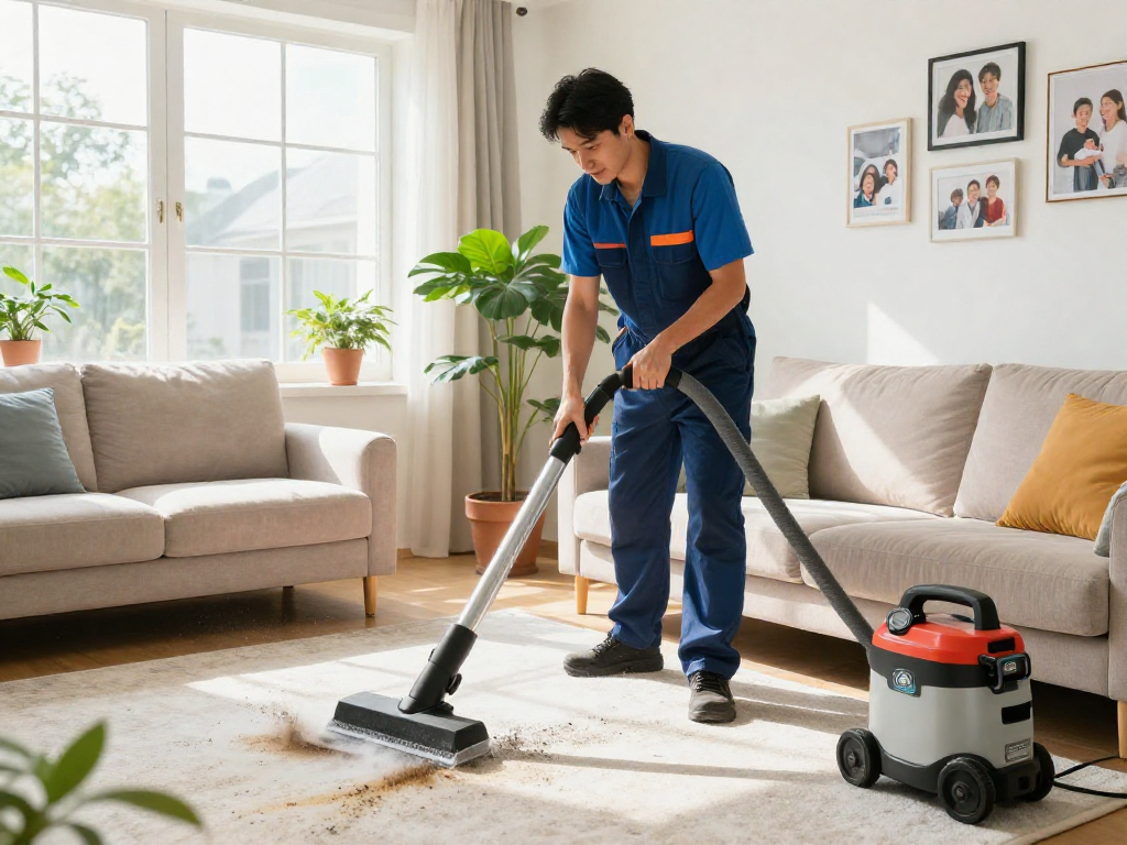 Pranie tapicerki przez Panda Cleaner w jasnym salonie, efektywne usuwanie plam.