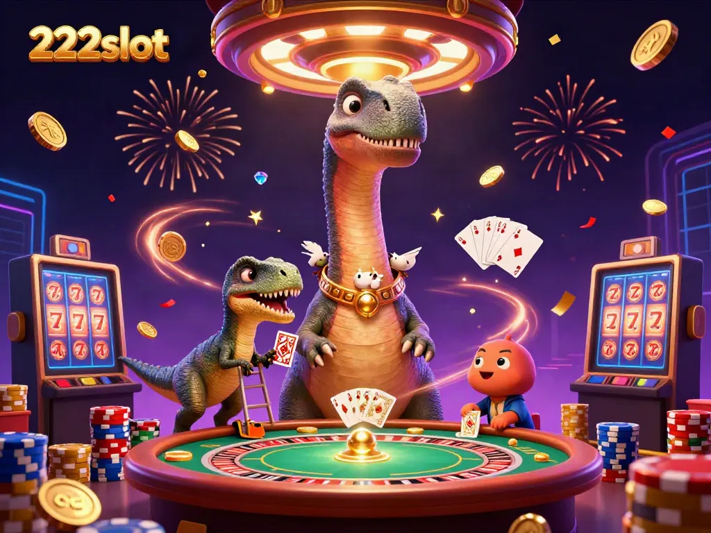 Permainan slot 222slot yang menyenangkan dengan dinosaur dan raja raptor dalam suasana kasino yang meriah.