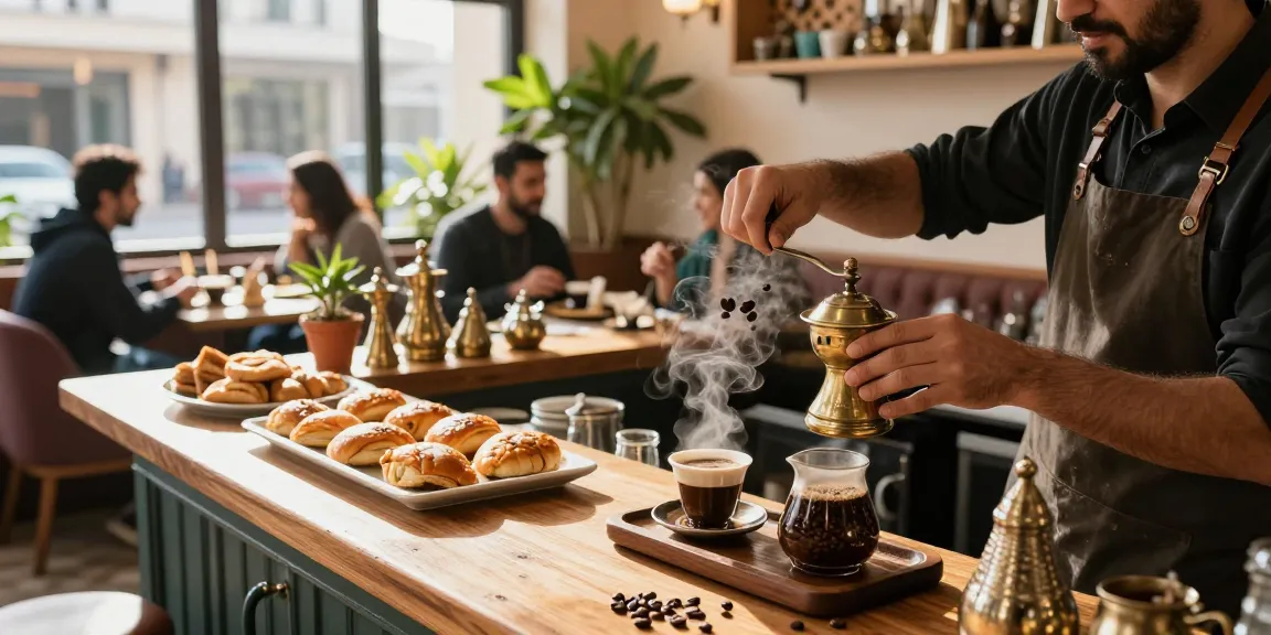 قهوجي وصبابين في مقهى حيوي مع بارستا يحضر القهوة العربية التقليدية.