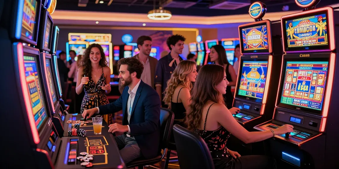 Exciting gambling atmosphere at a casino with friends enjoying situs slot experience.