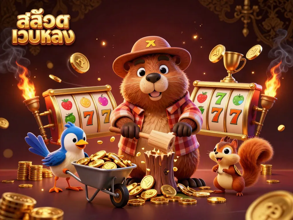 Engage with สล็อตเว็บตรง in this vibrant scene of winning adventures featuring animated characters collecting gold coins.
