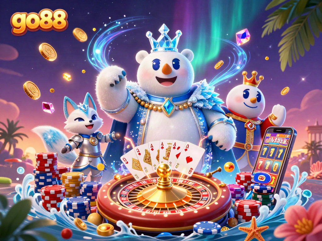 Win at go88 with a vibrant 3D digital casino scene featuring a polar bear and fox surrounded by sparkling game elements.