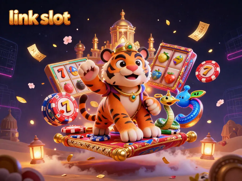 Slot link yang menarik dengan karakter kartun sultan harimau di atas karpet poker dan efek hujan uang