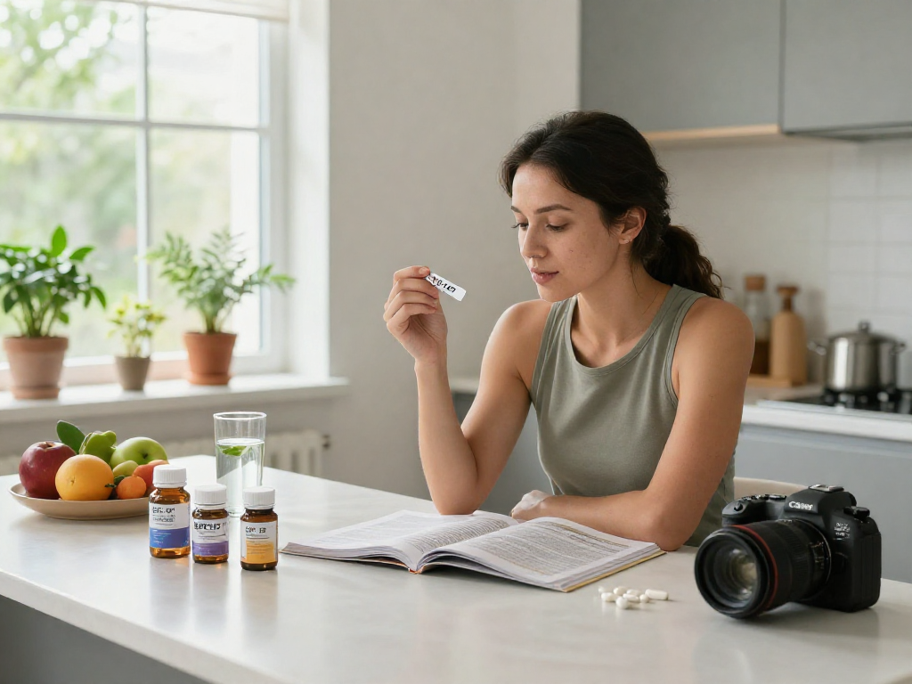 BPC 157 side effects explored in a modern kitchen setting with health-conscious individual reviewing supplements.