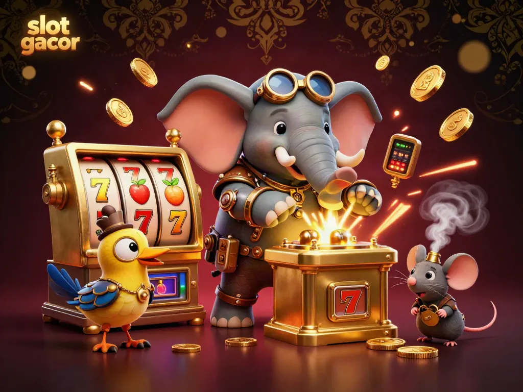 Engage with slot gacor action as a steampunk elephant engineer spins a golden slot machine in an animated casino scene.