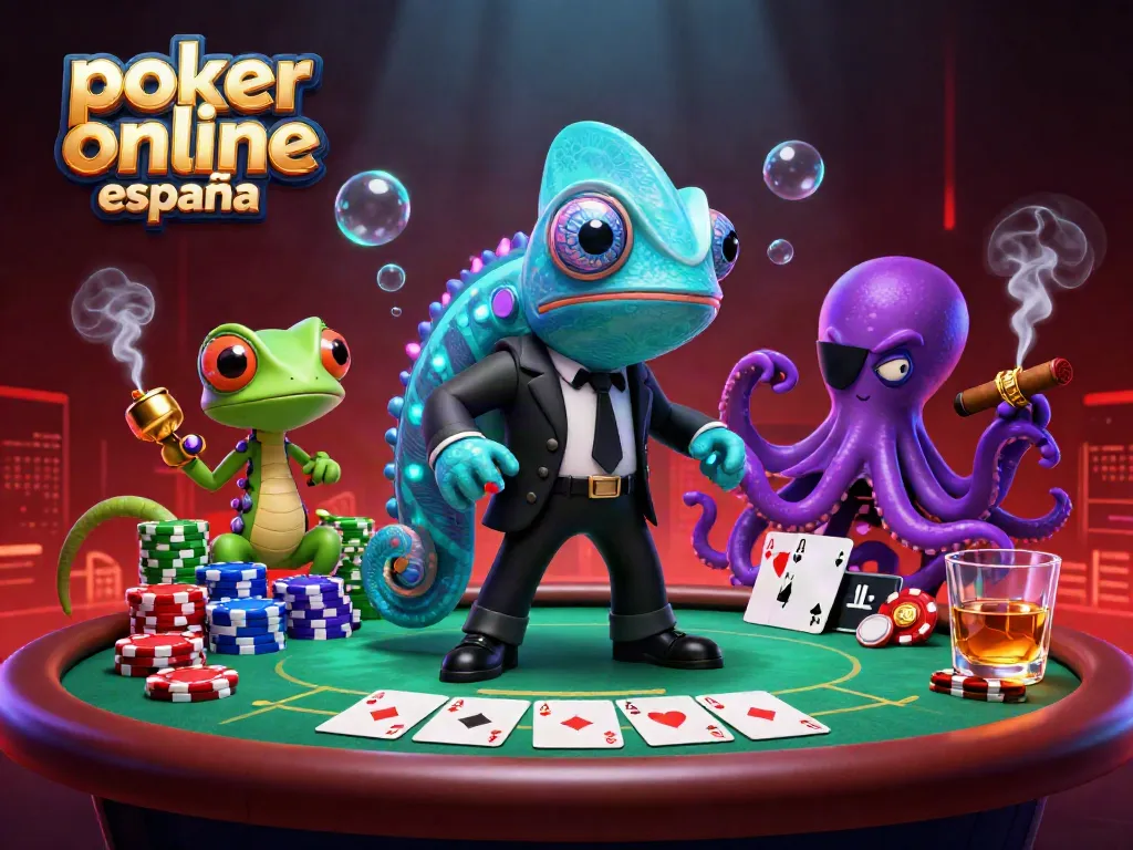 Juega al póker online España con estrategia en una vibrante escena de 3D llena de acción.