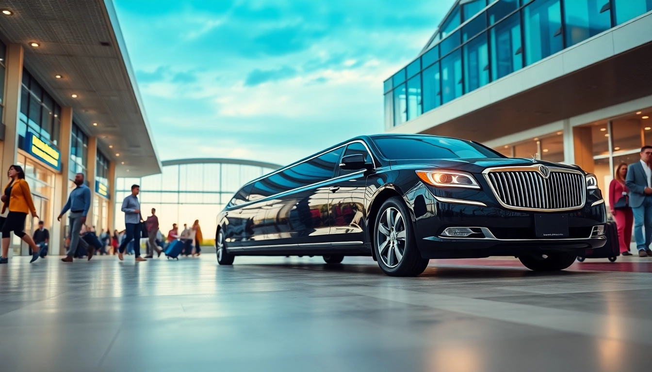 Experience airport limo service with a luxurious vehicle at the terminal.