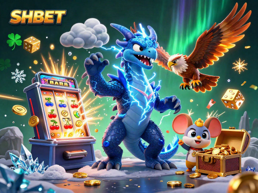 Win big with SHBET at this exciting casino scene packed with vibrant characters and game elements.