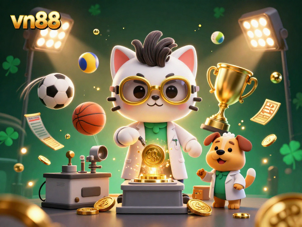 Engage with the exciting world of vn88 sports betting through our lively illustration of a scientist cat and dog in a dynamic casino setting.